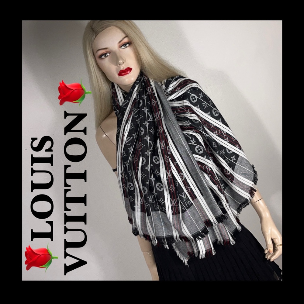 Louis Vuitton Black, White & Red Striped Monogram Scarf